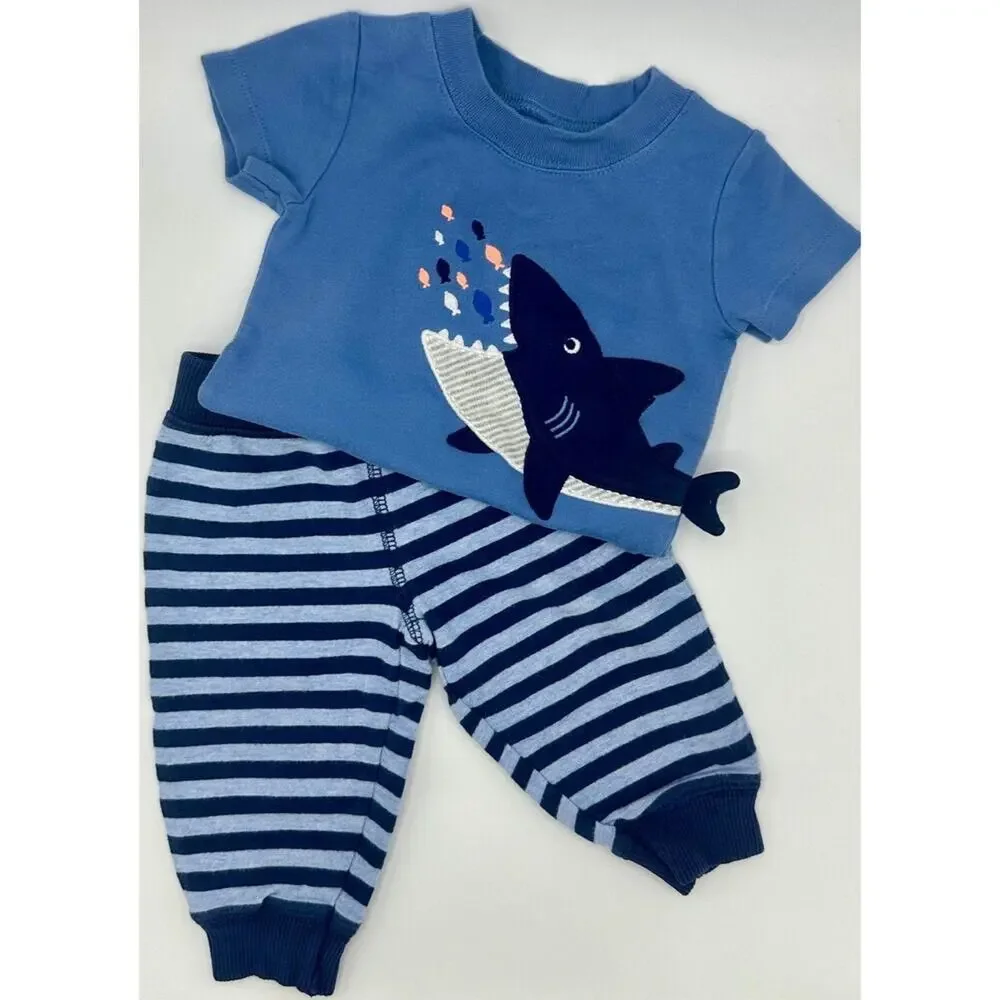 Carter’s Shark Set Size 6 Months Blue Stripe Fish Ocean (795)